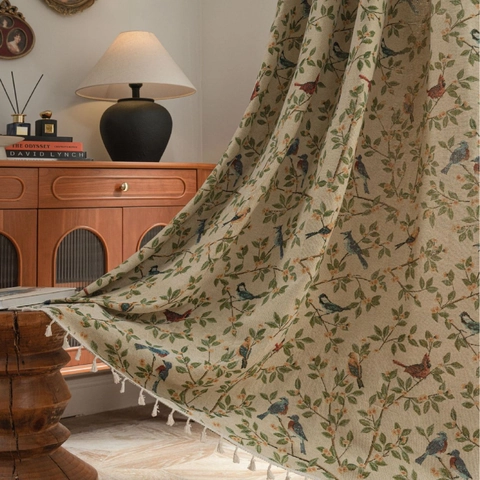 American Pastoral Jacquard Bird Floral Door Curtains With Tassels Semi Shading Polyester Cotton Kitchen Window Treatments