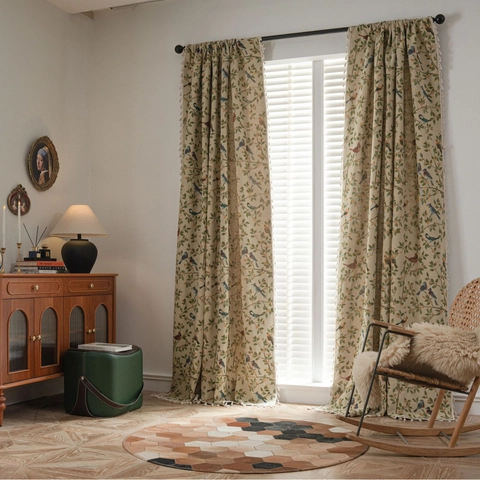 American Pastoral Jacquard Bird Floral Door Curtains With Tassels Semi Shading Polyester Cotton Kitchen Window Treatments