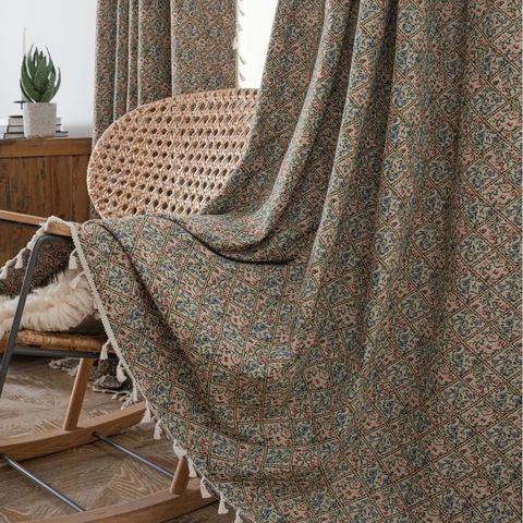 Vintage Jacquard Cotton Polyester Floral Curtains With Tassels American Bohemian Semi Blackout Window Drapes For Home Kitchen