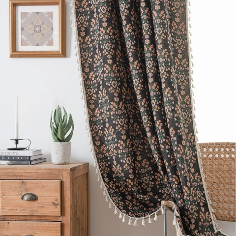 Vintage Floral Jacquard Curtain With Tassel Trim Polycotton Semi Shading Window Panel For Living Room Bedroom Kitchen