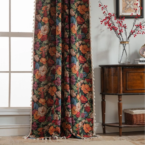 Rideaux Floraux Jacquard Vintage Américain Pour Salon Cuisine Semi-Occultant Draperies De Fenêtre Avec Garniture De Franges Mélange Polyester Coton Crochet Poche À Tringle