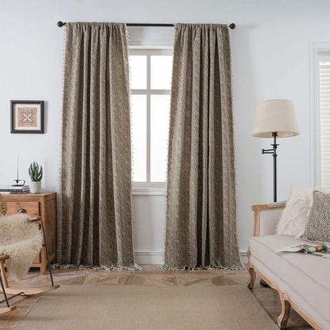 Vintage Jacquard Cotton Polyester Floral Curtains With Tassels American Bohemian Semi Blackout Window Drapes For Home Kitchen