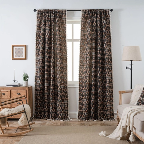 Vintage Floral Jacquard Curtain With Tassel Trim Polycotton Semi Shading Window Panel For Living Room Bedroom Kitchen