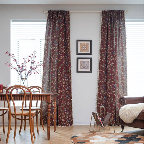 American Vintage Red Floral Bird Jacquard Curtain With White Tassels Polyester Cotton Semi Shading Window Drape For Home Kitchen