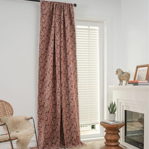 Bohemian Jacquard Tassel Curtain Plant Leaf Pattern Polyester Cotton Semi Blackout Window Drap For Living Room Bedroom Home Decor