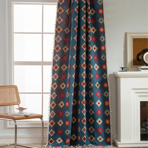 Bohemian Geometric Jacquard Tassel Curtains For Living Room Bedroom Polyester Cotton Semi Blackout Window Drapes Home Decor