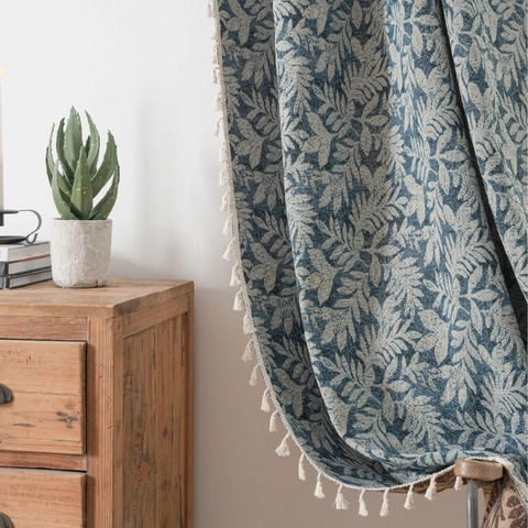American Vintage Jacquard Leaf Pattern Curtain With Tassel Trim Cotton Polyester Semi-Blackout Window Drapes For Kitchen Balcony Home Decor