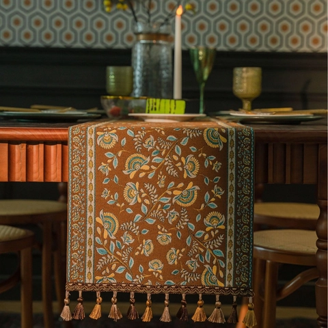 American Style Jacquard Table Runner With Tassels Floral Vine Pattern For Dining Table Wedding Party TV Cabinet Decoration