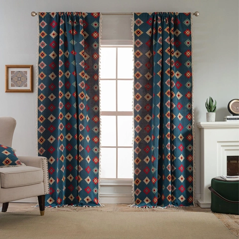 Bohemian Geometric Jacquard Tassel Curtains For Living Room Bedroom Polyester Cotton Semi Blackout Window Drapes Home Decor