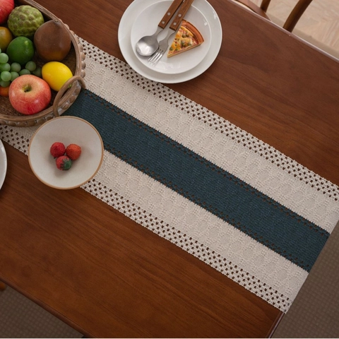 Nordic Woven Table Runner With Tassel Crochet Hollow Out Bohemian Striped Table Decoration For Dining Room Wedding Home