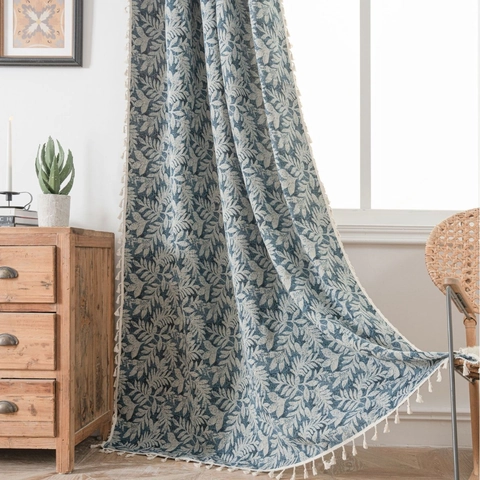 American Vintage Jacquard Leaf Pattern Curtain With Tassel Trim Cotton Polyester Semi-Blackout Window Drapes For Kitchen Balcony Home Decor