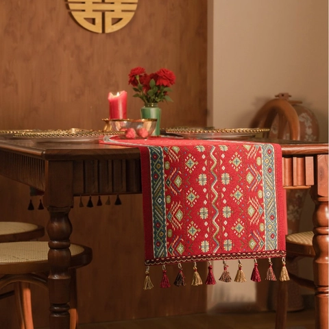Ethnic Style Polyester Jacquard Table Runner With Tassels Geometric Pattern Table Decoration For Wedding Banquet Home Dining Room Decor