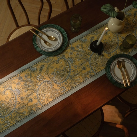 Runner da Tavolo Americano Vintage Paisley Jacquard Con Nappine Giallo Poliestere Decorazione Tavolo Lunga per Sala da Pranzo Matrimonio