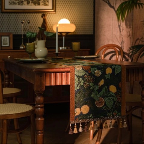 American Vintage Jacquard Floral Table Runner With Tassels Polyester Lemon Pattern For Dining Table Wedding Home Decor