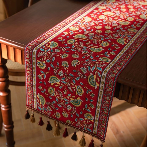 Nieuwe Chinese Vintage Rode Jacquard Tafelloper Met Kwastjes Polyester-Katoenmix Florale Etnische Tafelkleed Voor Bruiloft Feest Huis Decor