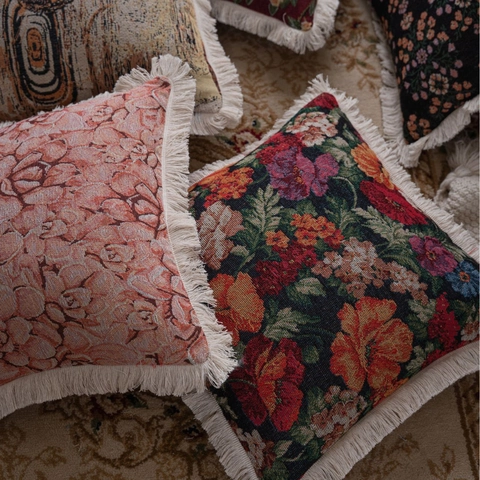 Housse de Coussin Jacquard Vintage Américain Franges Floral Oiseau Housse de Coussin pour Canapé Salon Décoration Maison