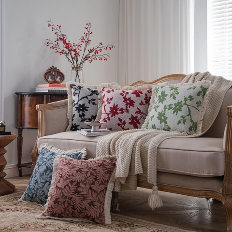 Fodera per Cuscino Jacquard Floreale Vintage in Stile Americano Con Bordo a Nappe Federa Decorativa per Divano Soggiorno