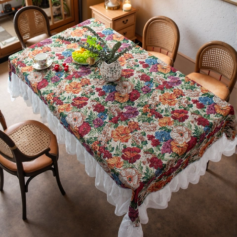 Vintage Jacquard Lis Bloemen Vogels Tafelkleed Dikke Mix Stof Tafelkleed Met Elegante Witte Kant Roesjes Rand Voor Eetkamer Keuken Huis Decoratie
