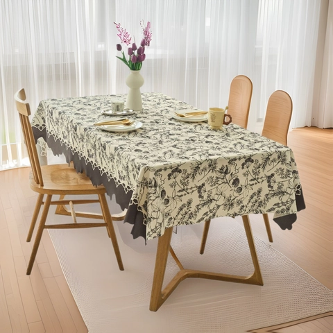 Franse Crème Stijl Rechthoekig Tafelkleed Waterdicht Oliebestendig Schulpkant Polyester Bloemenprint Eettafel Kleed
