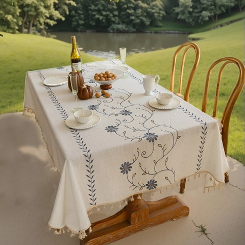 Tovaglia Rettangolare Ricamata a Fiori Con Frange a Nappine in Fibra Sintetica Effetto Lino Per Casa All'aperto Festa