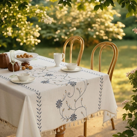 Tovaglia Rettangolare Ricamata a Fiori Con Frange a Nappine in Fibra Sintetica Effetto Lino Per Casa All'aperto Festa