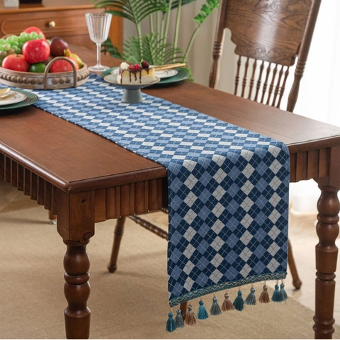 Camino de Mesa Jacquard Vintage Con Borlas Poliéster Algodón Cuadros Patrón Floral Para Decoración de Mesa de Comedor