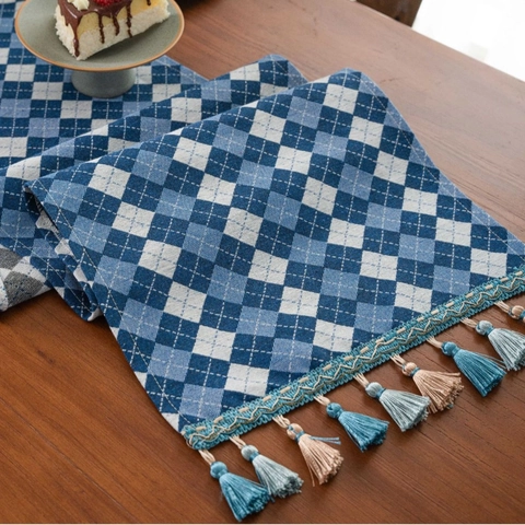 Camino de Mesa Jacquard Vintage Con Borlas Poliéster Algodón Cuadros Patrón Floral Para Decoración de Mesa de Comedor
