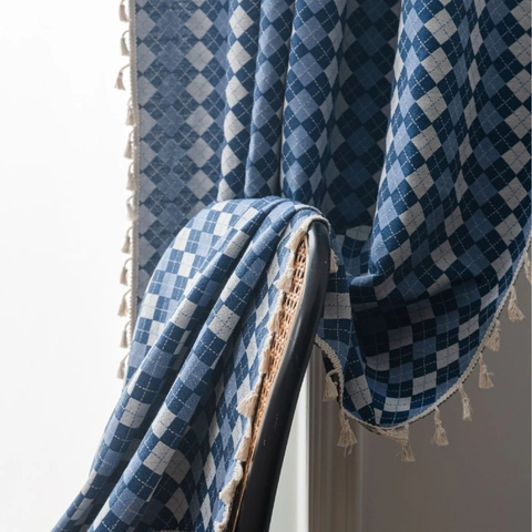 French Jacquard Lattice Curtains Polyester Cotton Semi Blackout Window Drapes With Tassel Trim For Living Room Bedroom Argyle Pattern