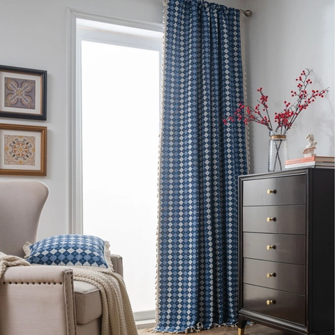 French Jacquard Lattice Curtains Polyester Cotton Semi Blackout Window Drapes With Tassel Trim For Living Room Bedroom Argyle Pattern