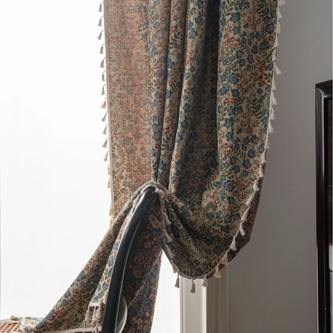 Cortina Jacquard Floral Vintage para Sala de Estar Comedor Tela de Mezcla de Algodón Beige Con Flecos de Borlas Cortina Semi Opaca para Dormitorio Hogar