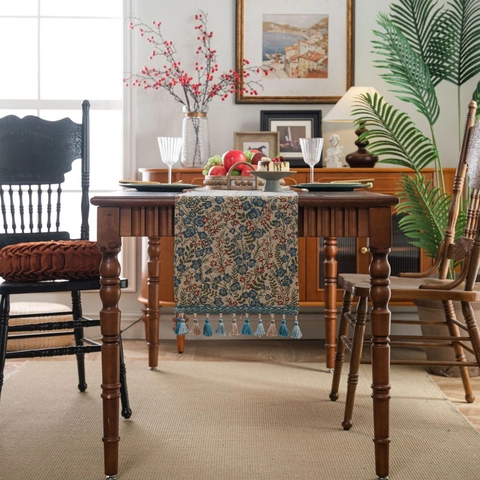 Vintage Floral Polycotton Jacquard Table Runner With Tassel Farmhouse Country Style Long Table Runner For Kitchen Dining Decor