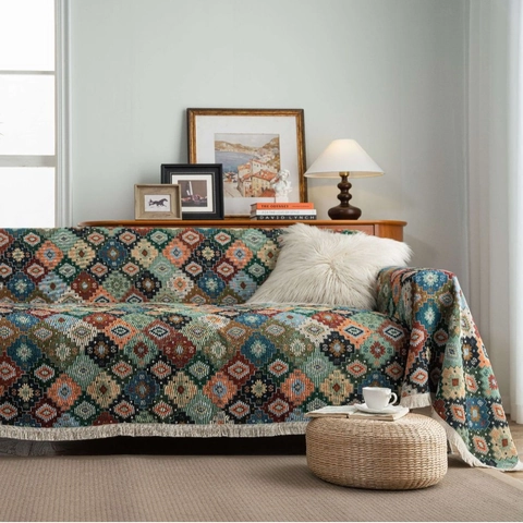 Bohemian Vintage Jacquard Sofa Cover Throw Blanket Thick Polyester Geometric Floral Fringed Tapestry For Living Room Home Decor