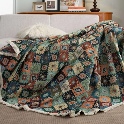 Bohemian Vintage Jacquard Sofa Cover Throw Blanket Thick Polyester Geometric Floral Fringed Tapestry For Living Room Home Decor