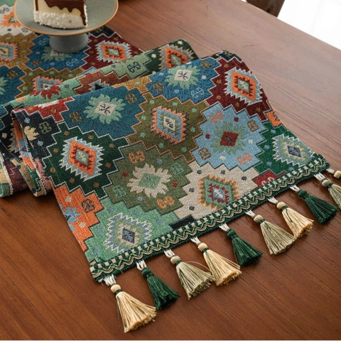 Retro Geometric Rhombus Jacquard Table Runner With Tassels Cotton Polyester Thickened Ethnic Boho Dining Table Decor