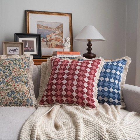 Amerikanisches Retro Jacquard Quasten Kissenbezug Botanisch Floral Karo Quadrat Kissenhülle Für Sofa Wohnzimmer Deko
