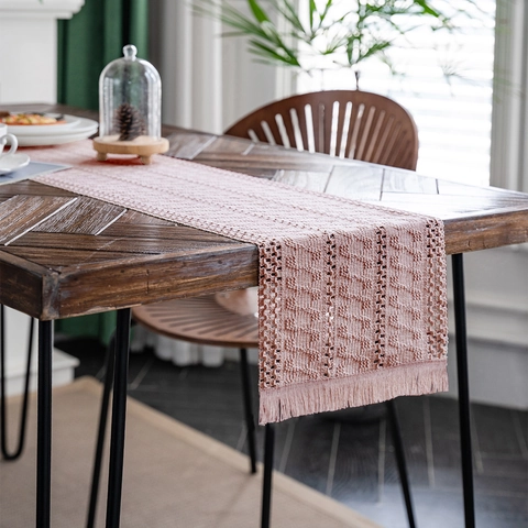 Nordic Style Woven Polyester Cotton Table Runner With Fringe Geometric Hollow Out Pattern For Dining Table Wedding Party Home Decor