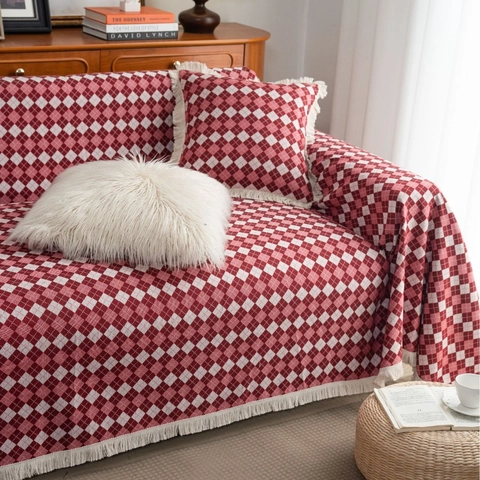 Copridivano Jacquard Vintage Americano in Cotone Poliestere con Frange Antigraffio Gatto Coperta per Soggiorno Decorazione Casa