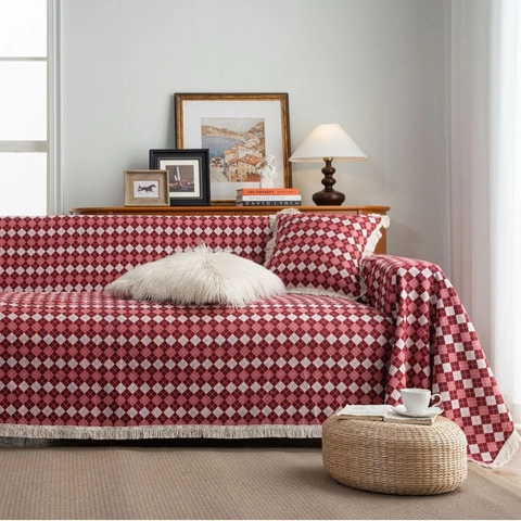 Copridivano Jacquard Vintage Americano in Cotone Poliestere con Frange Antigraffio Gatto Coperta per Soggiorno Decorazione Casa