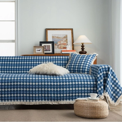 Amerikaanse Vintage Jacquard Bankovertrek Met Franjes Polyester Bloemen Ruit Sofa Cover Voor Woonkamer Decoratieve Meubelbeschermer Wasbaar Groot Kleed