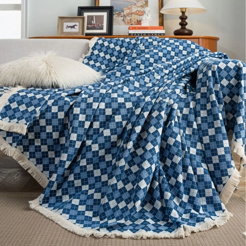 Amerikaanse Vintage Jacquard Bankovertrek Met Franjes Polyester Bloemen Ruit Sofa Cover Voor Woonkamer Decoratieve Meubelbeschermer Wasbaar Groot Kleed