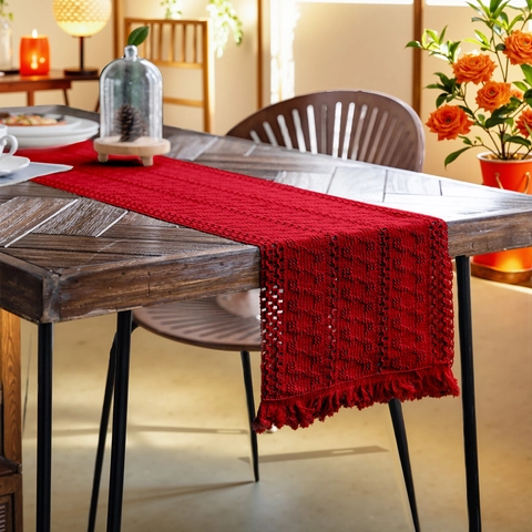 Nordic Style Woven Polyester Cotton Table Runner With Fringe Geometric Hollow Out Pattern For Dining Table Wedding Party Home Decor