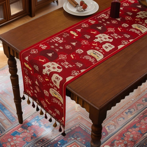 Red Jacquard Table Runner With Tassels Chinese Traditional New Year Auspicious Pattern Festive Wedding Dining Home Decor