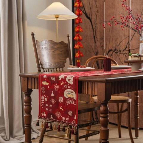 Red Jacquard Table Runner With Tassels Chinese Traditional New Year Auspicious Pattern Festive Wedding Dining Home Decor