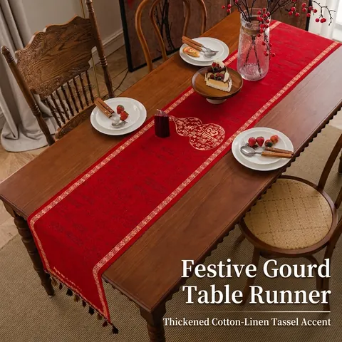 Chemin de Table Rouge Chinois Traditionnel Avec Motif de Calebasse et Bénédiction Tissu Jacquard Brodé Avec Glands Pour Nouvel An Maison