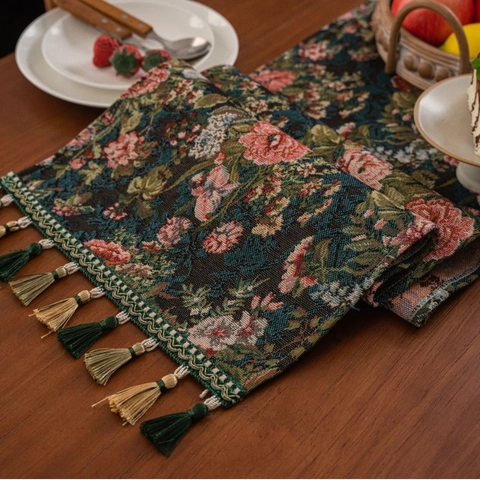 Vintage Jacquard Tafelloper Met Kwastjes Retro Rozenpatroon Dikke Stof Voor Boerderij Eettafel Decoratie