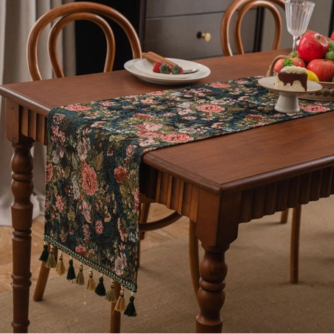 Vintage Jacquard Tafelloper Met Kwastjes Retro Rozenpatroon Dikke Stof Voor Boerderij Eettafel Decoratie