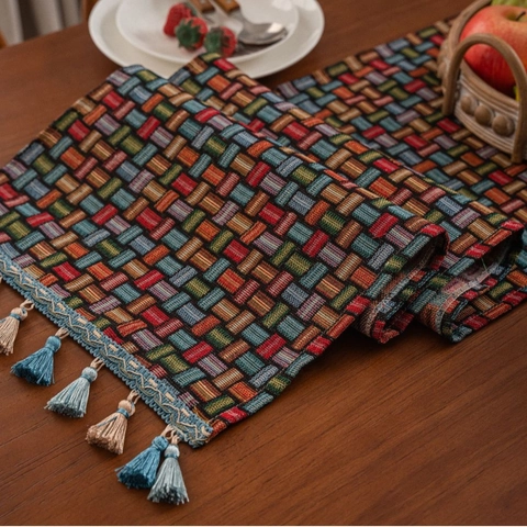 Vintage Boheemse Jacquard Geweven Tafelloper Met Kwastjes Geometrische Bloem Katoenmix Dikke Tafelvlag Voor Eetkamer Huis Decor