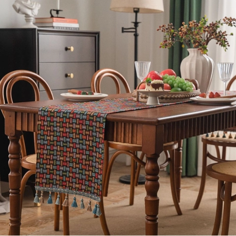 Vintage Boheemse Jacquard Geweven Tafelloper Met Kwastjes Geometrische Bloem Katoenmix Dikke Tafelvlag Voor Eetkamer Huis Decor
