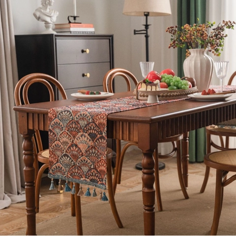 Amerikaanse Retro Jacquard Tafelloper Met Kwastjes Ginkgoblad Bloemenpatroon Verdikte Polyester Katoen Tafeldecoratie