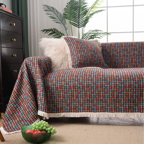 Copridivano in Poliestere Jacquard Bohemian Retrò Con Nappine Motivo Floreale Uccello Protezione Mobili per Soggiorno